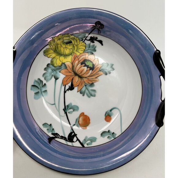 NORITAKE MORIMURA TWO HANDLED SERVING BOWL Floral Art Deco Blue Luster Ware - Picture 9 of 15